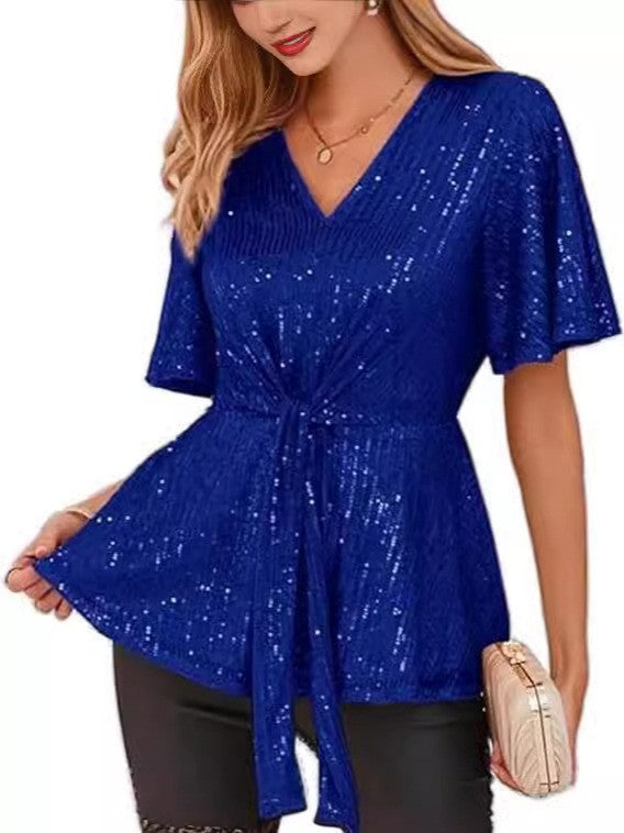Women's Outline Tie Front Flare Sleeve Glitter Bruce Tops