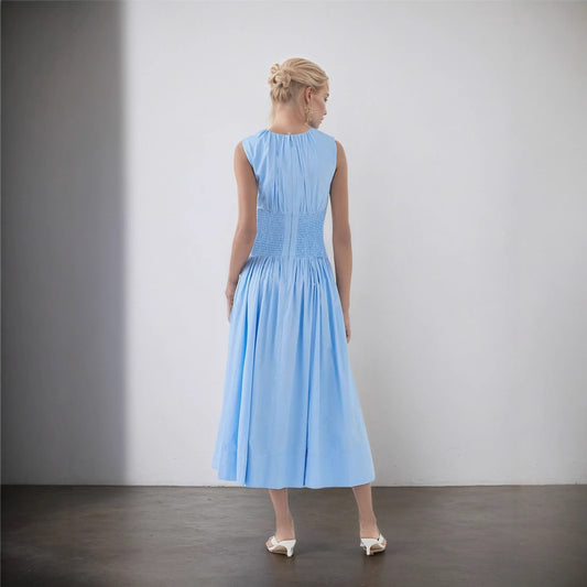 Women's Blues Round Neck Pleated Pocket Versatile Dresses