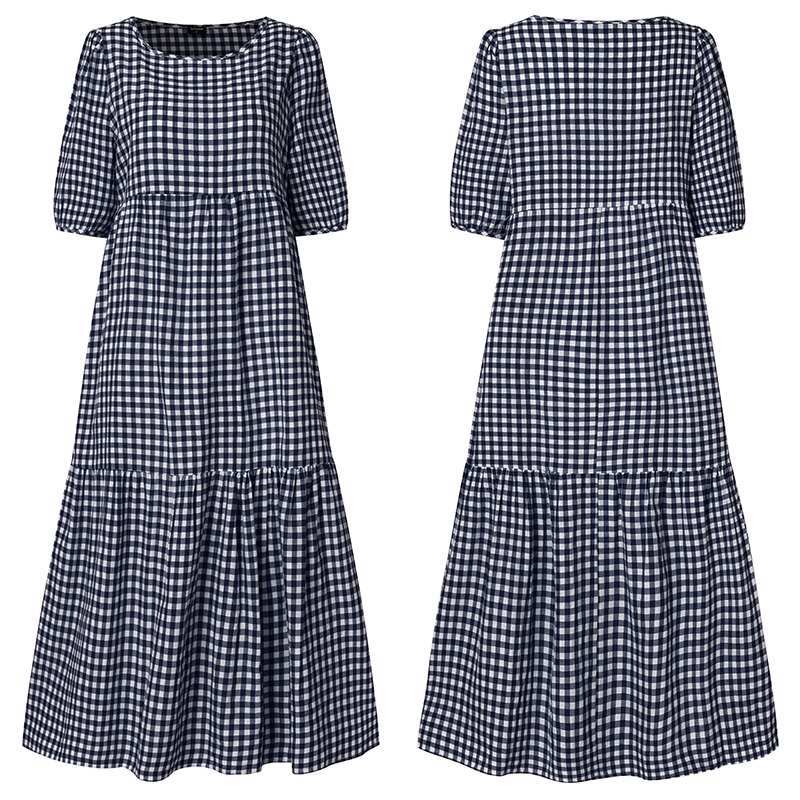 Women's Mid-length Casual Long Sleeve Plaid Frill Loose Dresses