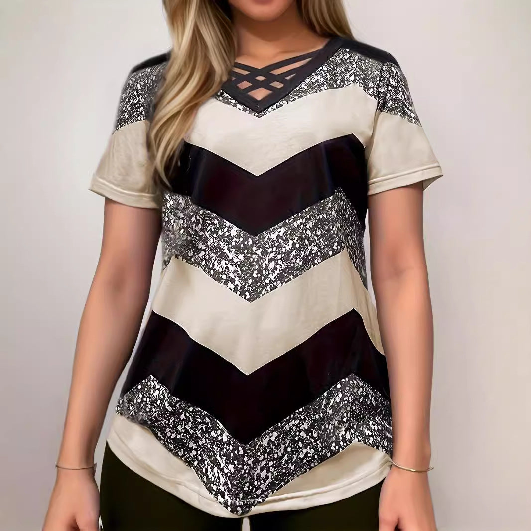Women's Cross Striped Elegant Casual Short-sleeved T-shirt Blouses