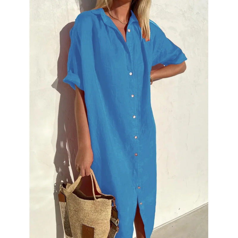 Women's Elegant Casual Loose Sleeves Button Dress Cotton Dresses