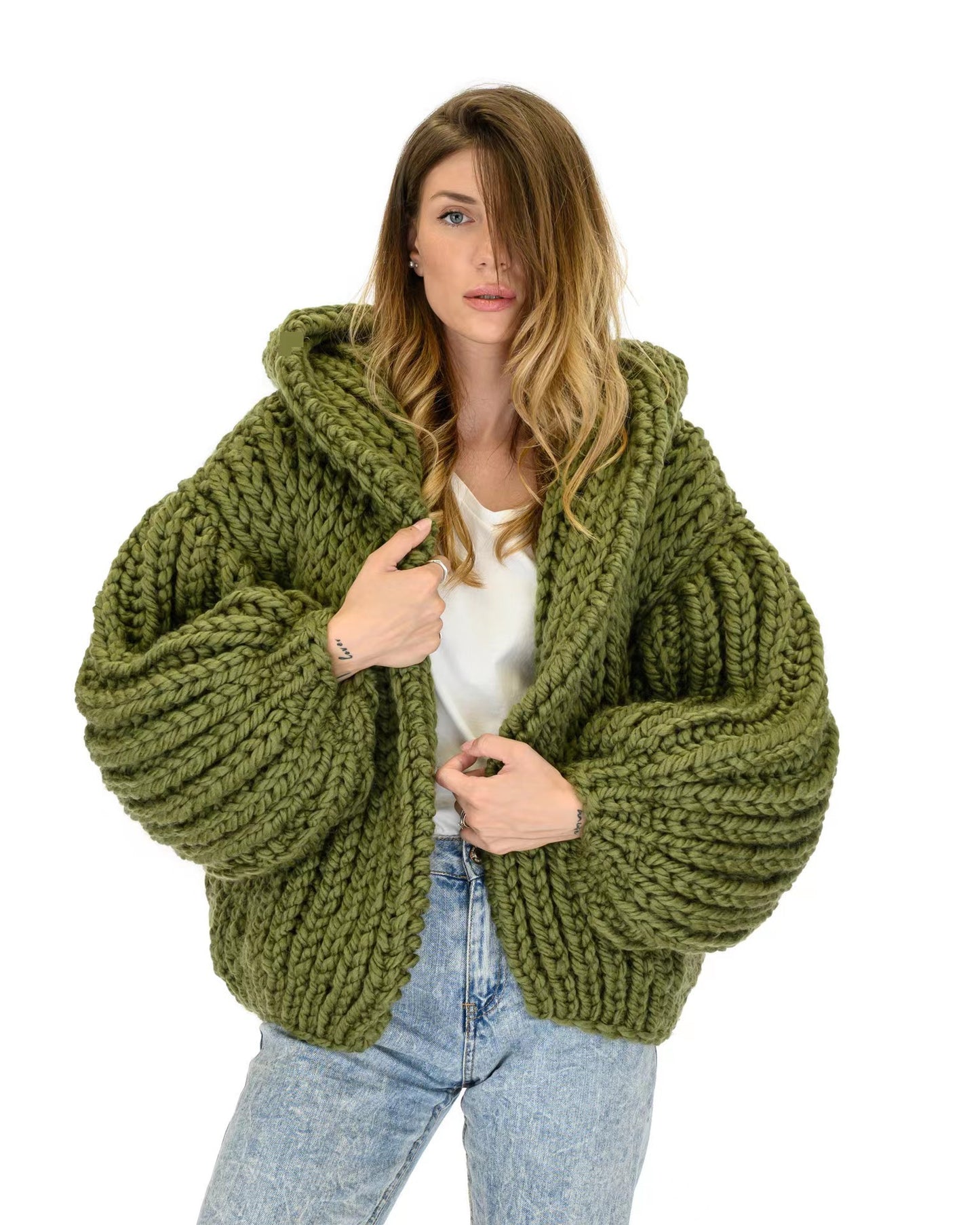 Women's Lazy Style Hooded Handmade Knitting Needle Sweaters