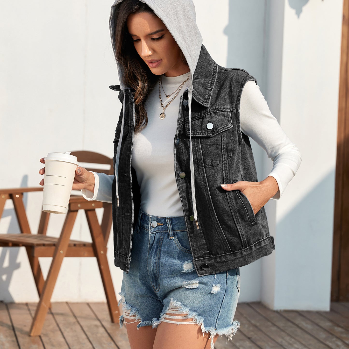 Women's Washed Classic Look Denim Waistcoat For Vests