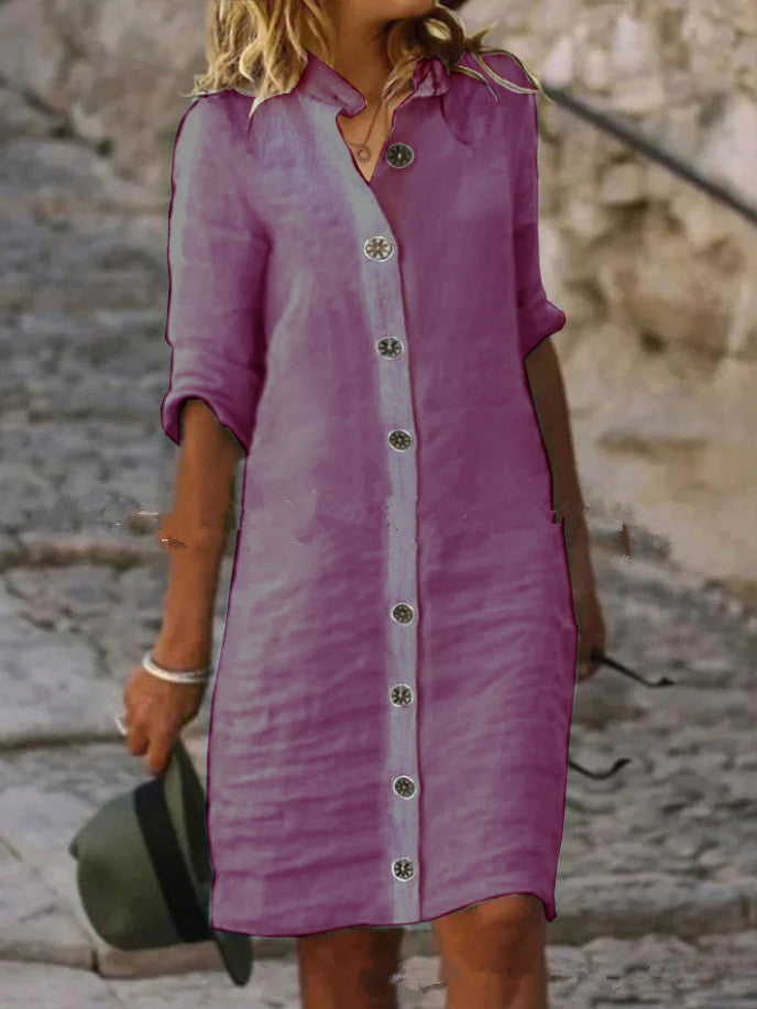 Women's Collar Half Sleeve Large Round Buckle Cotton Dresses