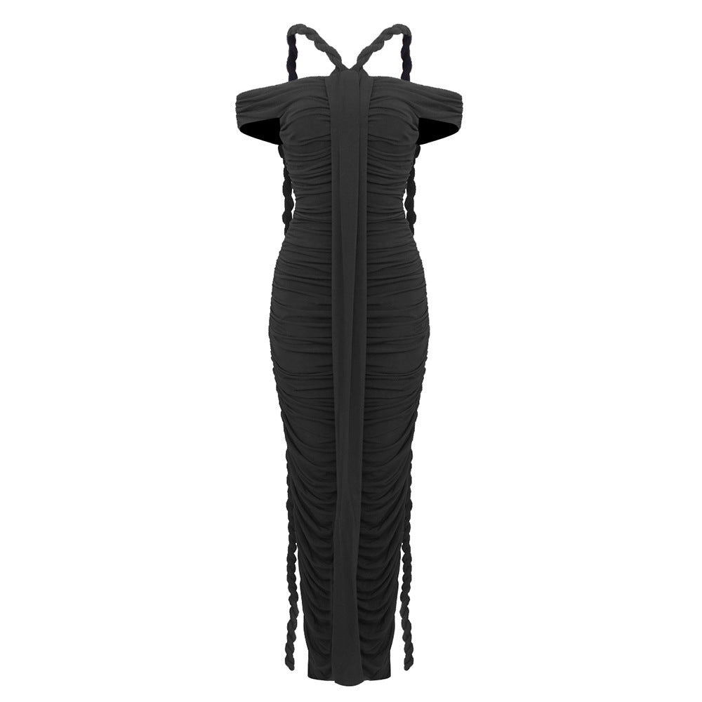 Women's Graceful Long Black Braid Pleated Slim Dresses