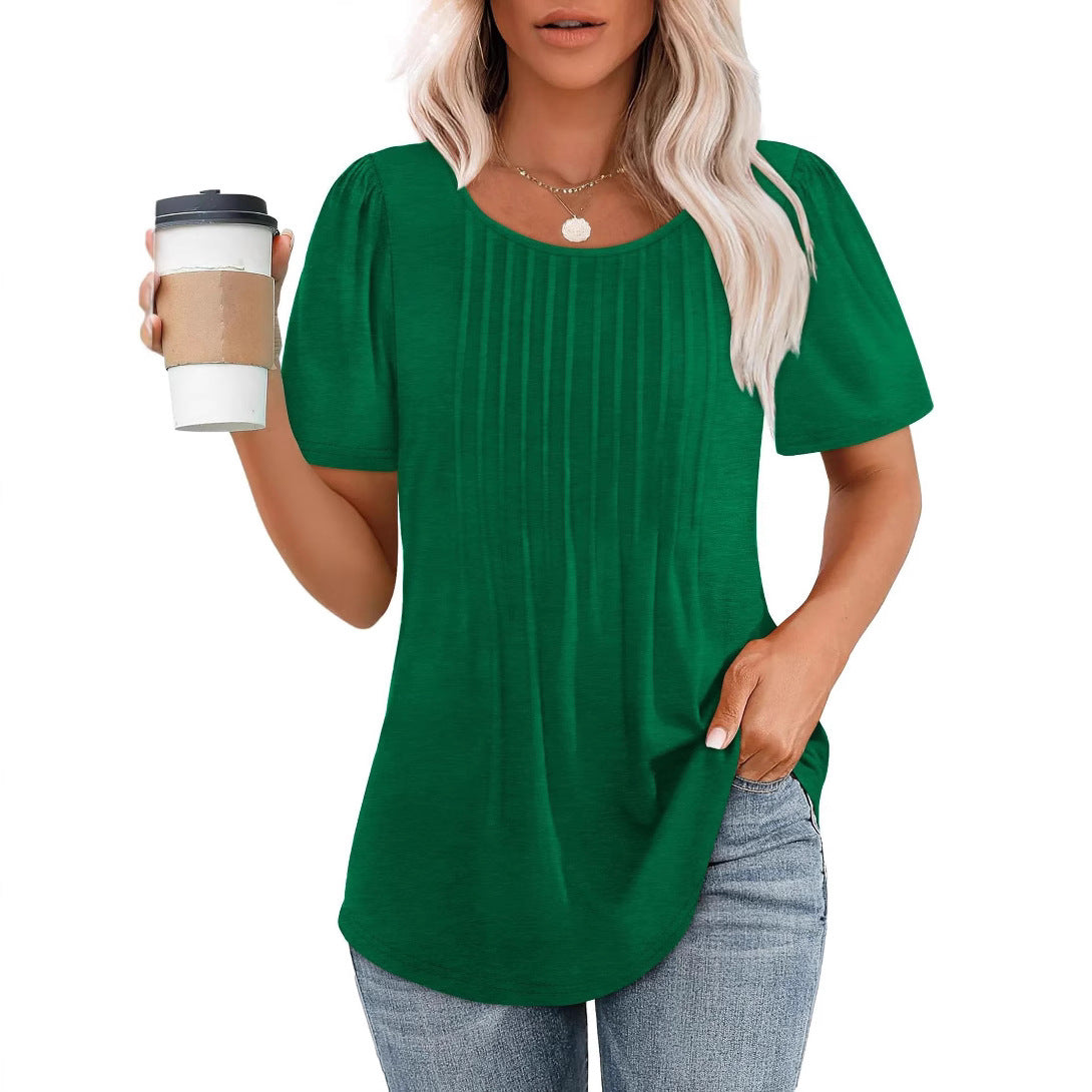 Women's Loose Pleated Round Neck Sleeve T-shirt Stripes Blouses