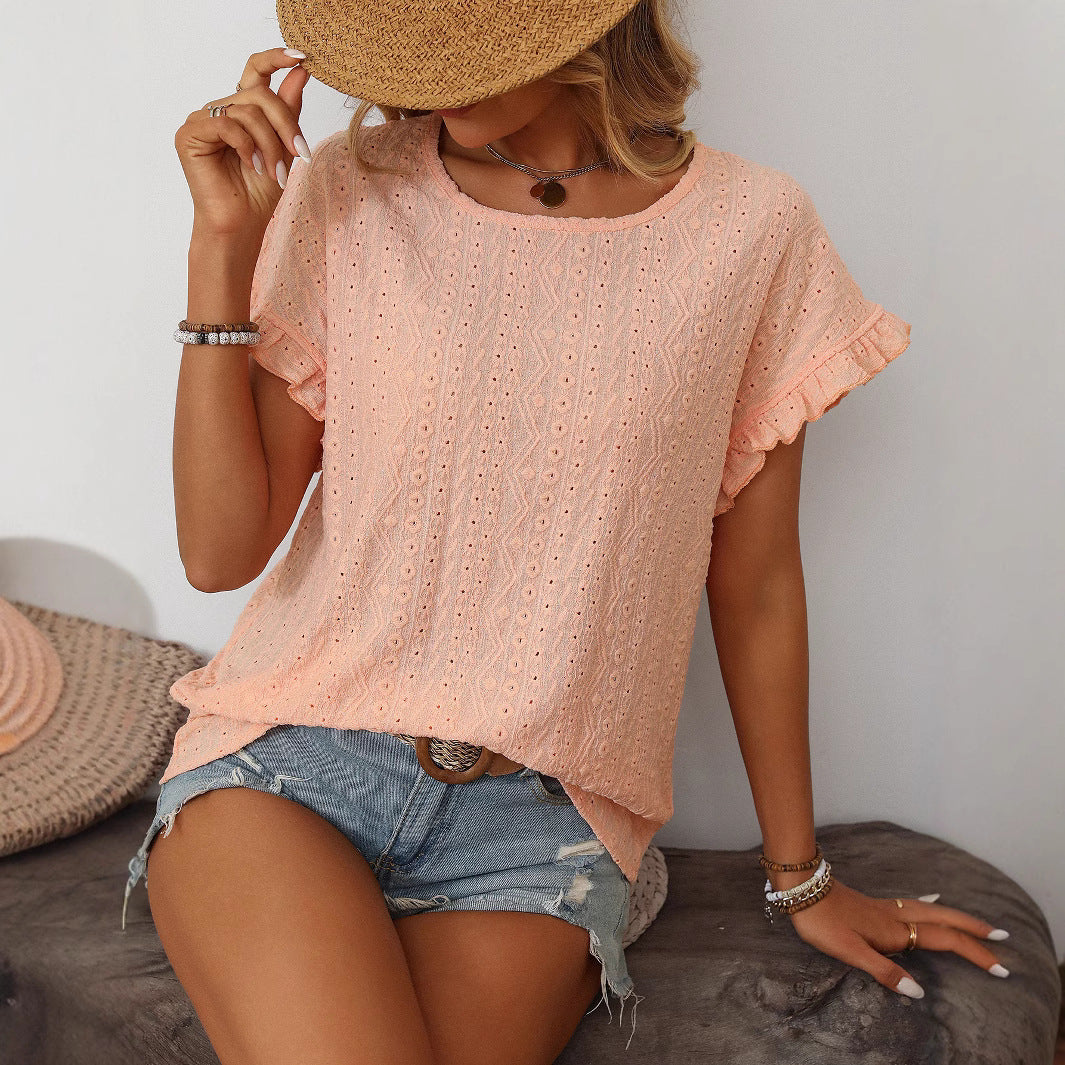 Women's Solid Color Round Neck Sweet Short-sleeved Blouses