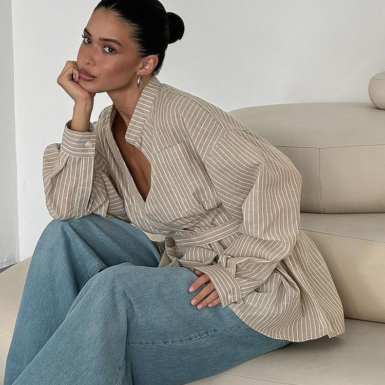 Women's Spring Casual Striped Shirt Lazy Simple Tops