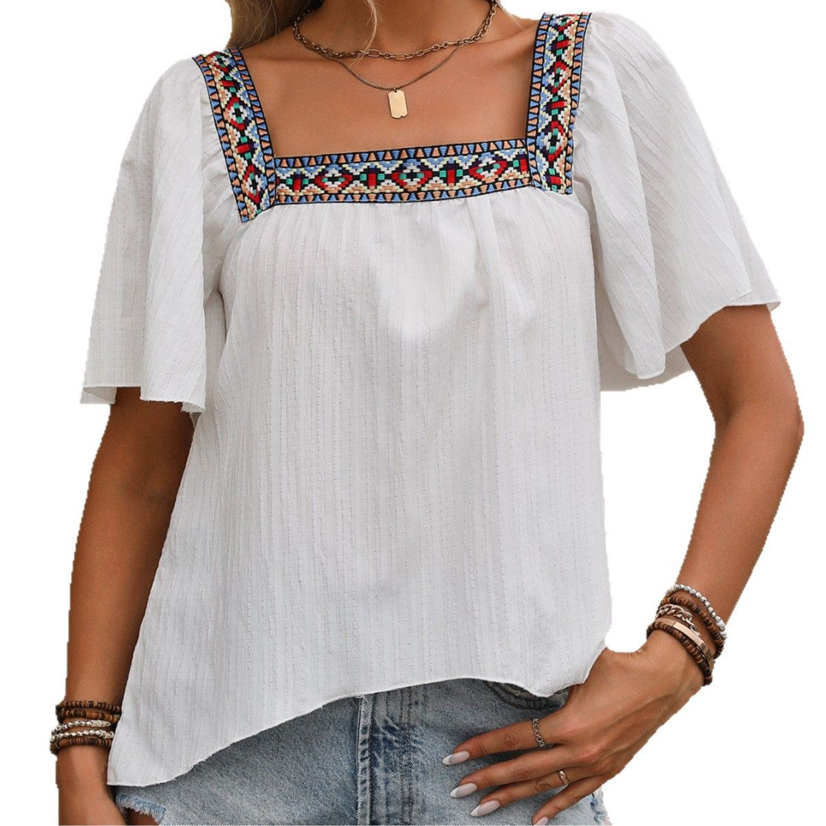 Women's Fashion Summer Square Collar Embroidered Irregular Blouses
