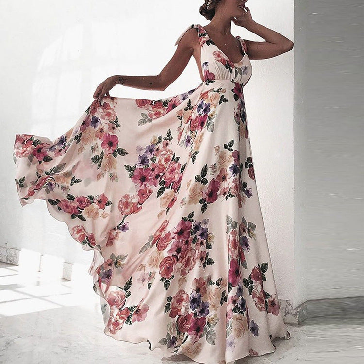 Women's Clothes Exposed Back Printed Large Swing Sleeveless Dresses