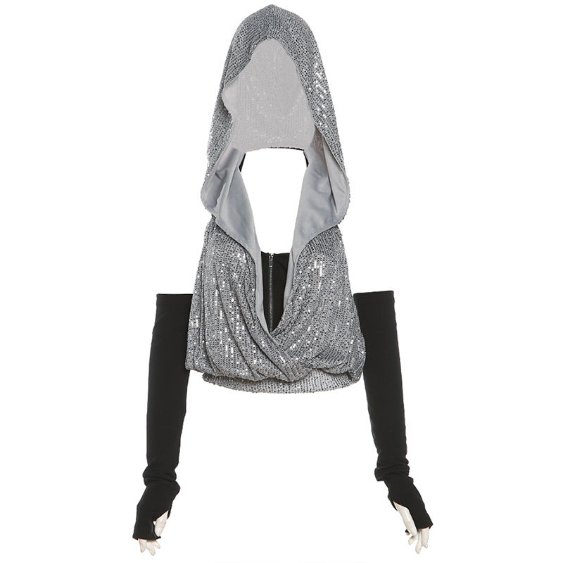 Women's Sexy Halter Hooded Sleeveless Two-piece Set Blouses