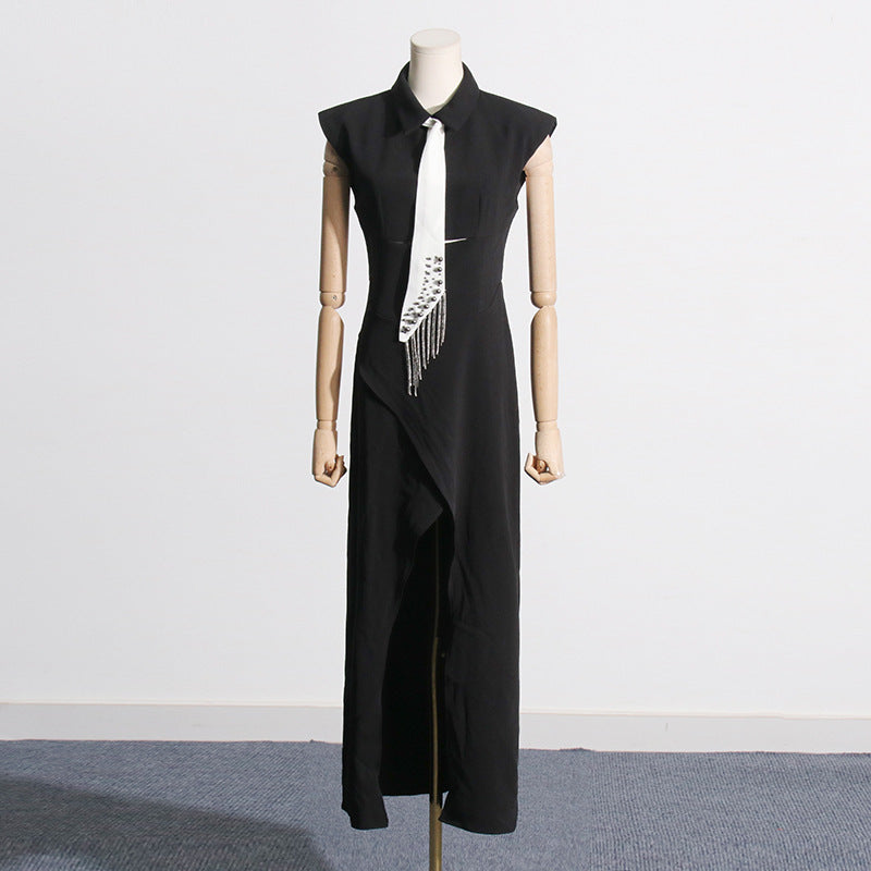 Women's Summer High-grade Lapel Hollow Split Elegant Black Dress Dresses