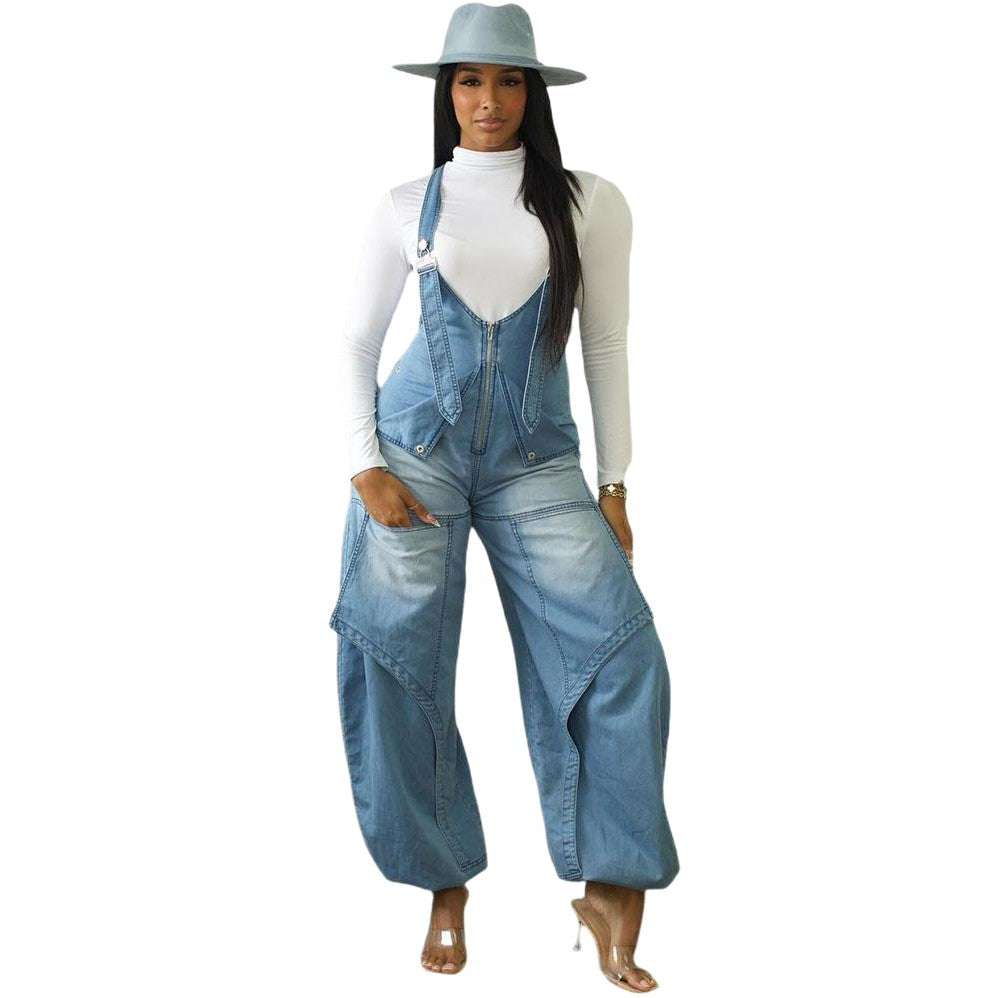 Women's Denim Overalls Street Casual Zipper Wide Jumpsuits
