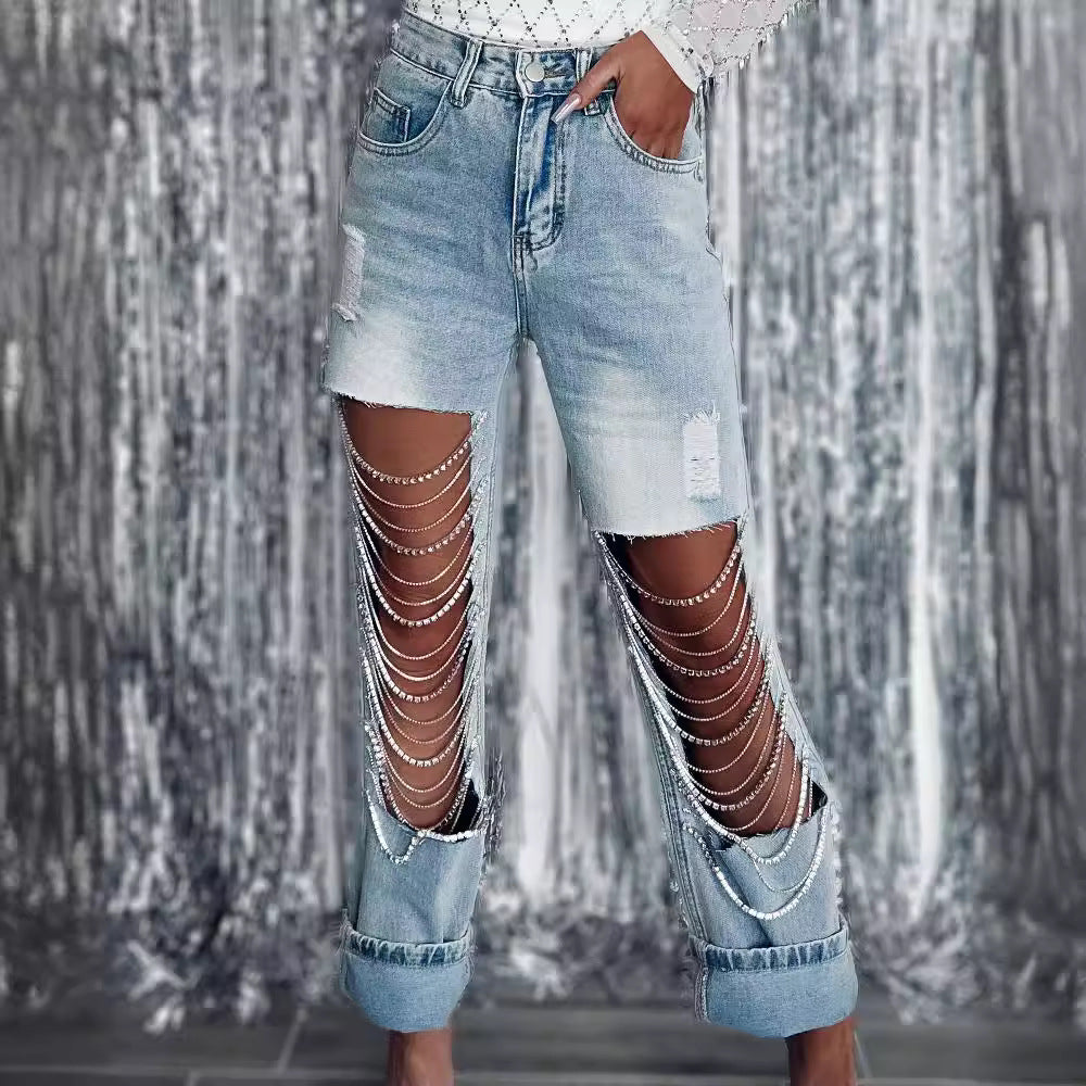 Women's Early Spring Style Big Ripped Chain Jeans