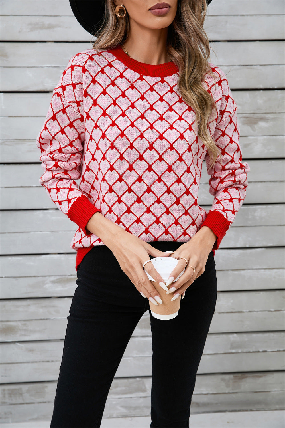 Women's Spring Valentine's Day Round Neck Pullover Small Peach Heart Sweaters