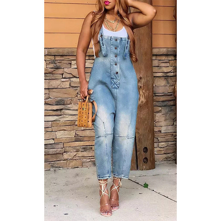 Women's Stylish Fashion Casual Siamese Suspender Jeans