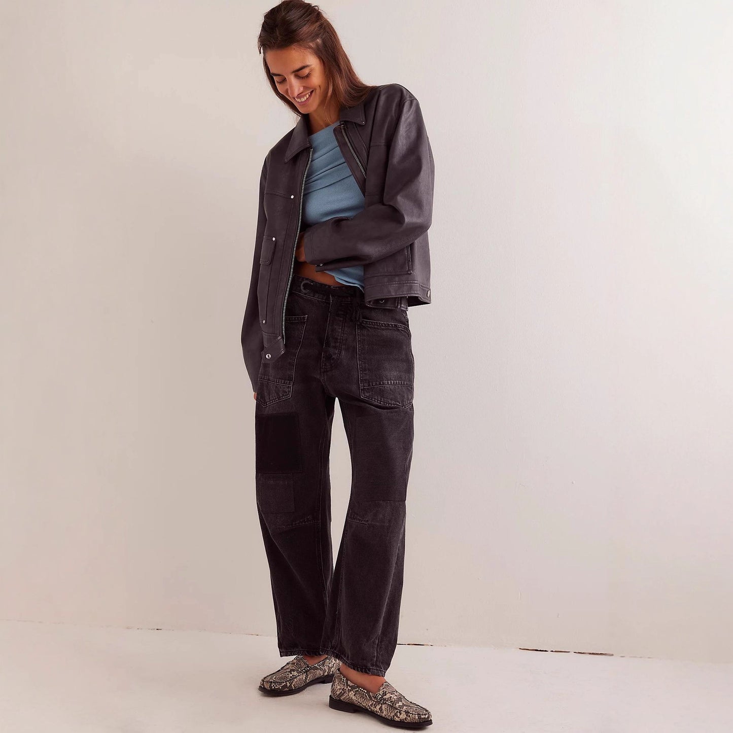 American Retro Washed Stitching Patchwork Straight Jeans