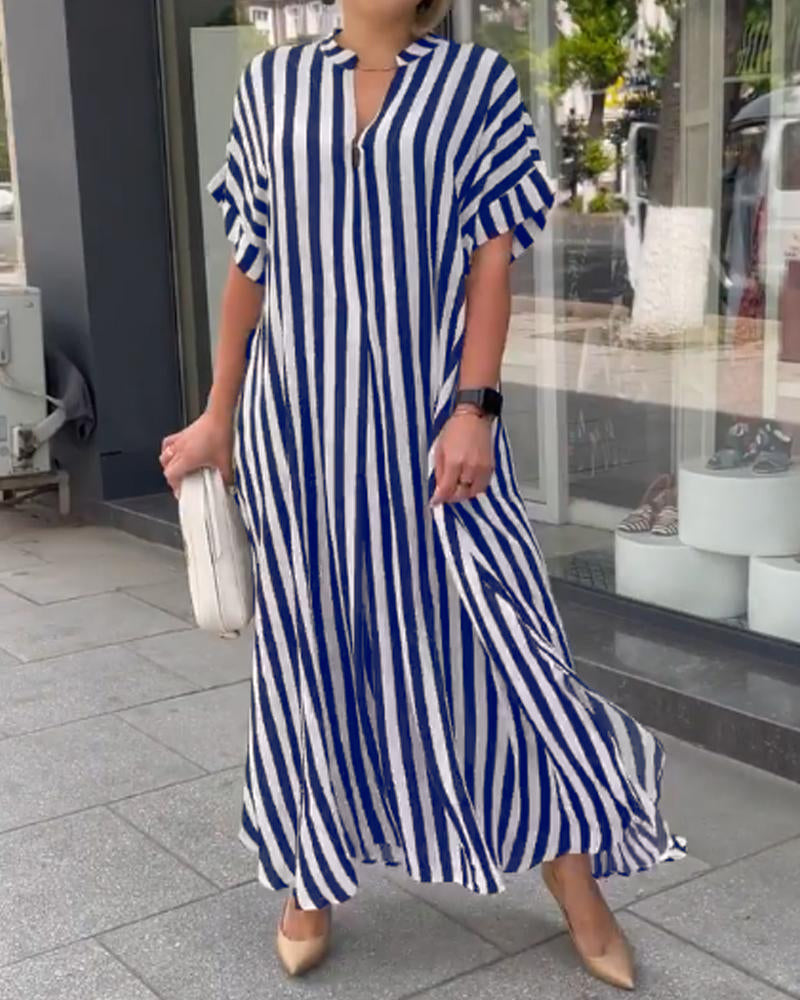 Women's Striped Floral Print Slit Swing Long Dresses