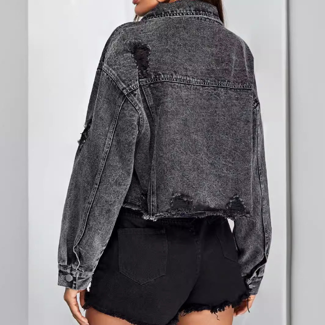 Women's Denim Autumn Fashionable Frayed Hem Ripped Jackets