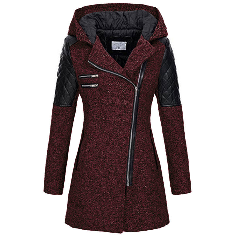 Women's Zipper Hooded Woolen Trench Mid-length Thick Coats
