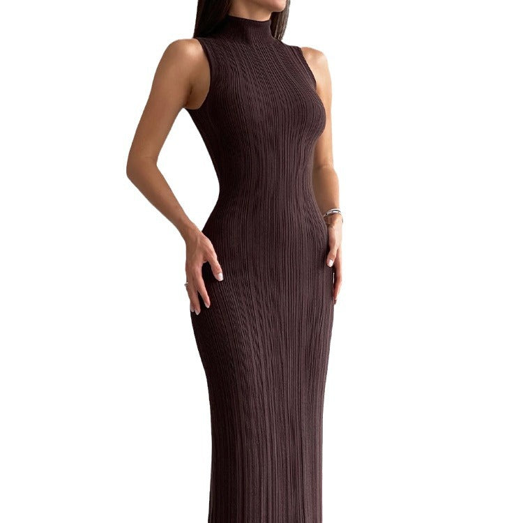 Knitted Turtleneck Sleeveless Tight Midi Dress Dresses