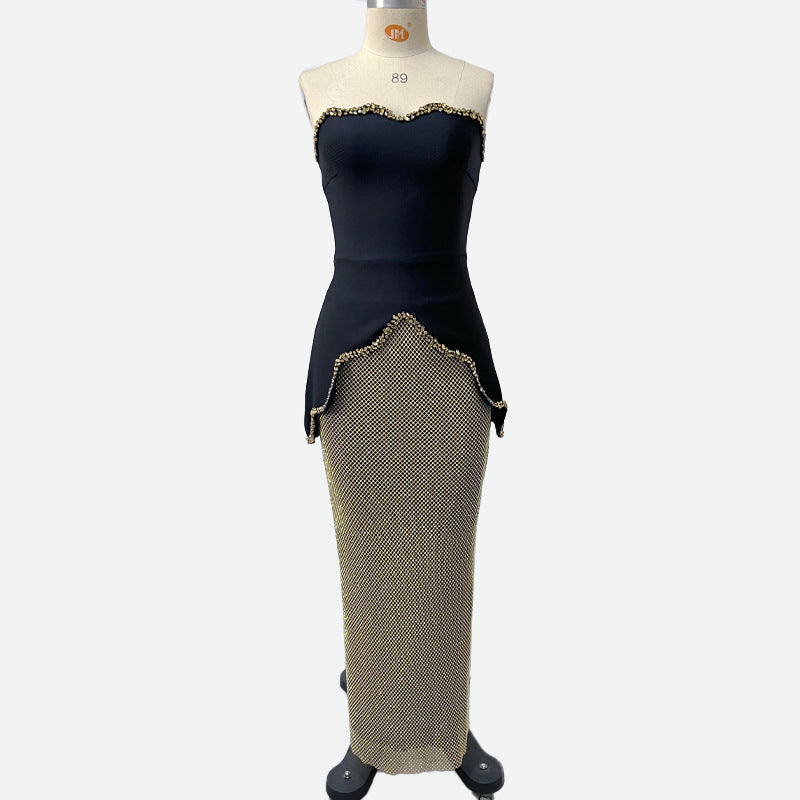 Black Crystal Tube Bandage Rhinestone High Waist Suits