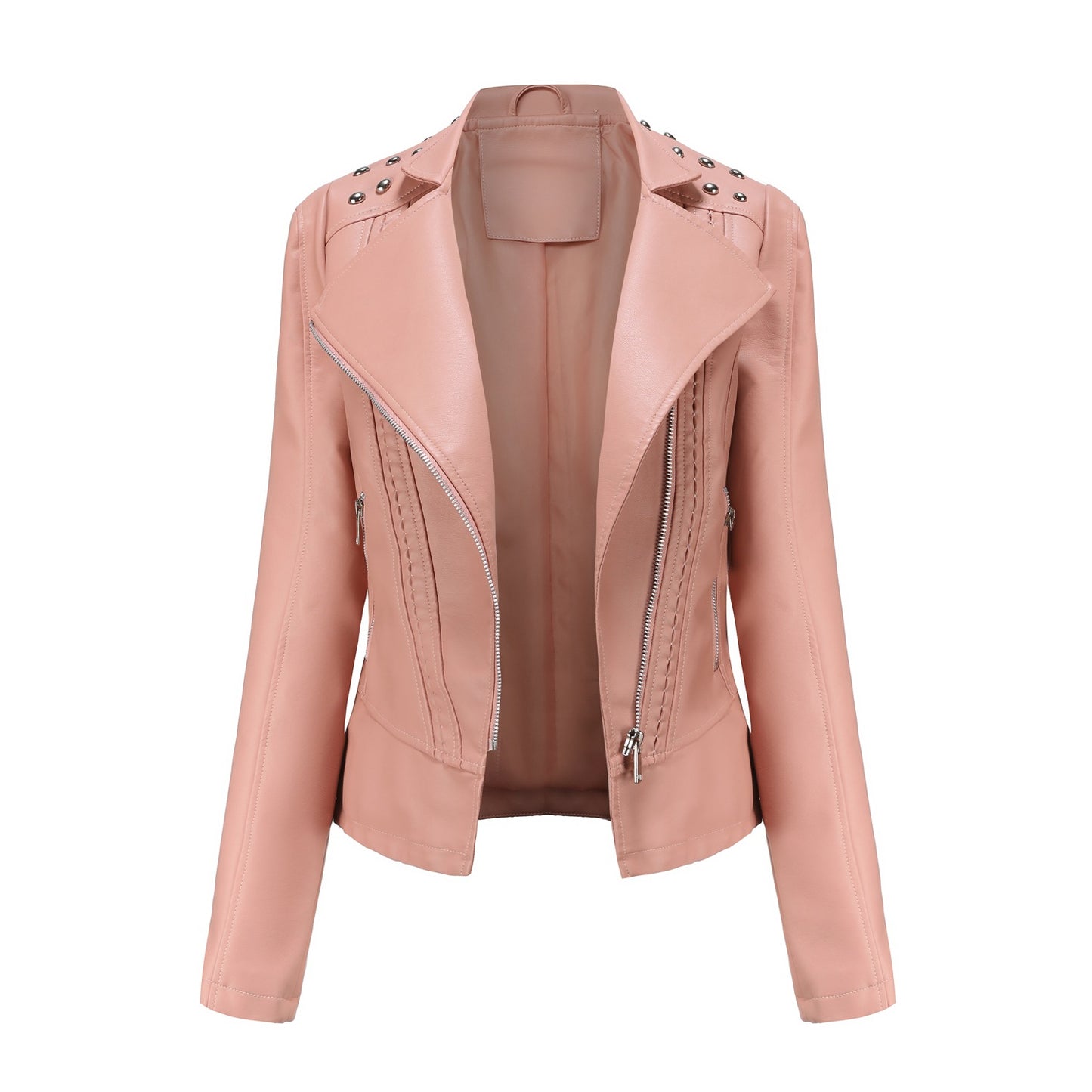Women's European Beaded Leather Long-sleeved Fashion Lapel Jackets