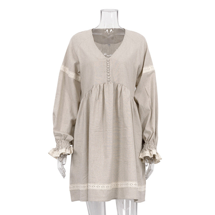 Women's Linen French Dress Temperament Commute Lantern Dresses