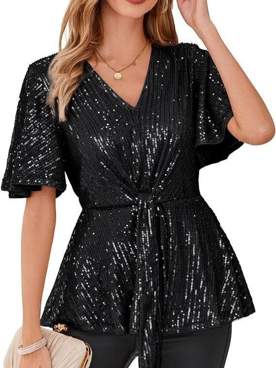 Women's Outline Tie Front Flare Sleeve Glitter Bruce Tops