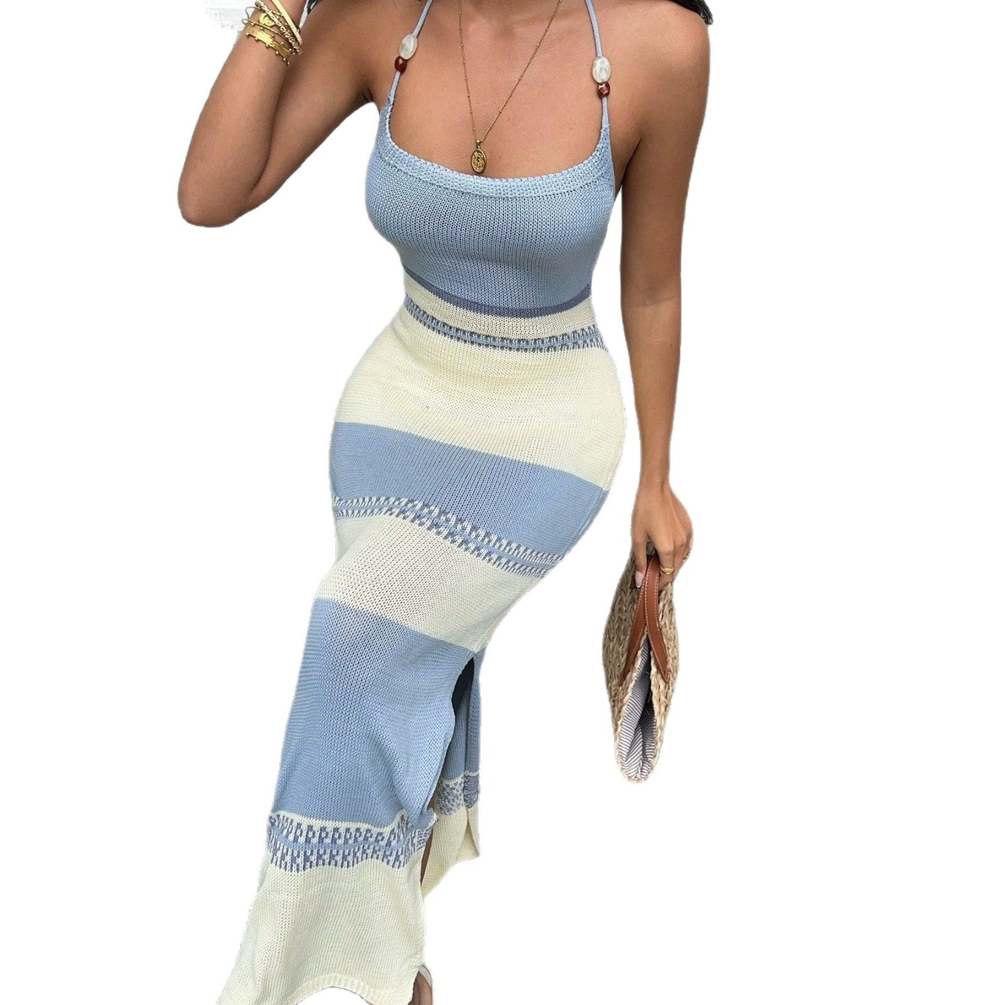 Apricot Halter Knitted Beaded Backless Side Slit Slim Sheath Dress