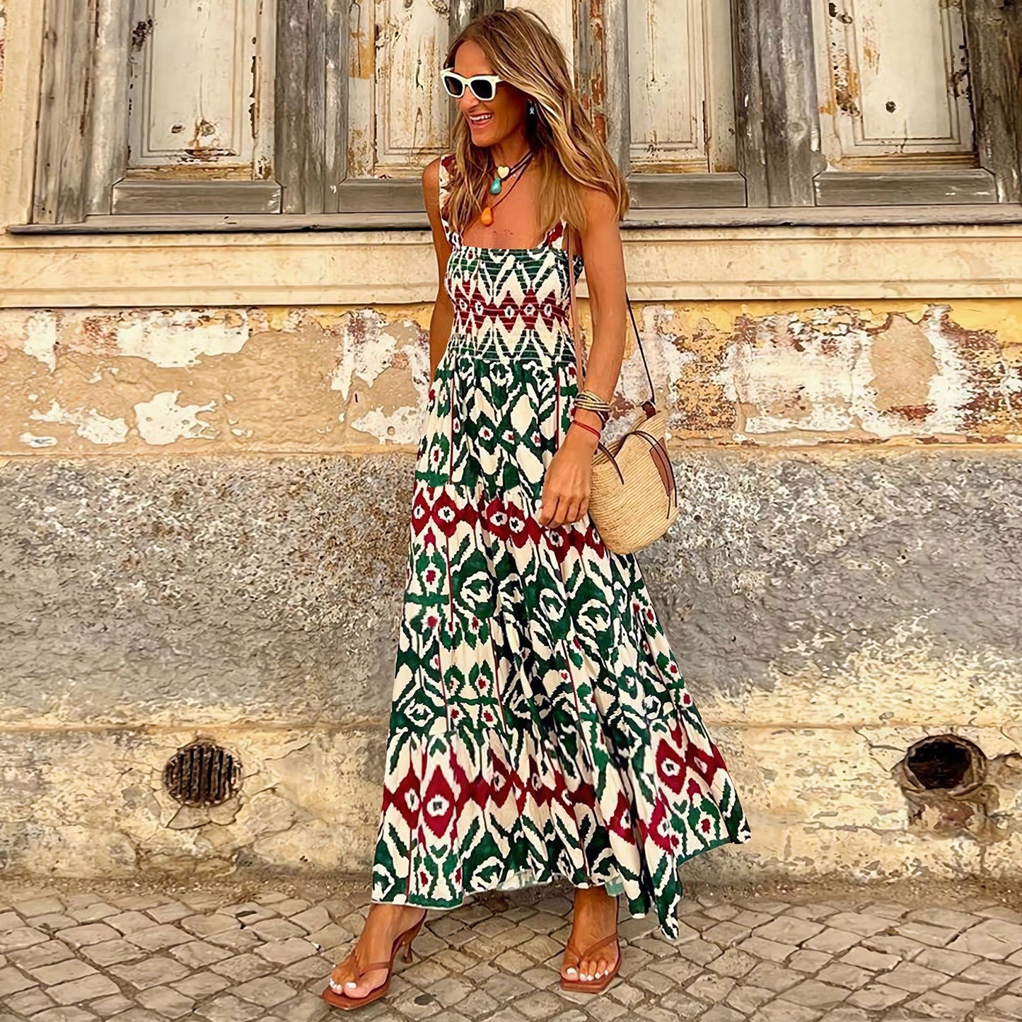 Women's Elegant Printed Elastic Suspender Vacation Style Dresses