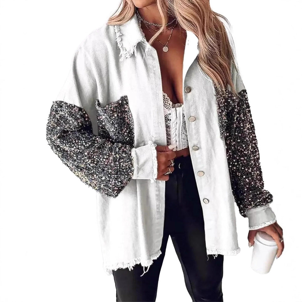 Denim Pullover Long Sleeve Sequined Patchwork Jackets