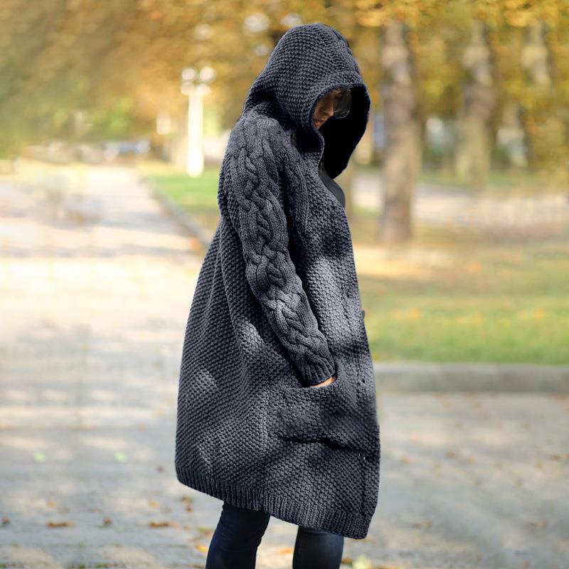 Women's Hooded Single-breasted Slim Street Hipster Long Knitwear