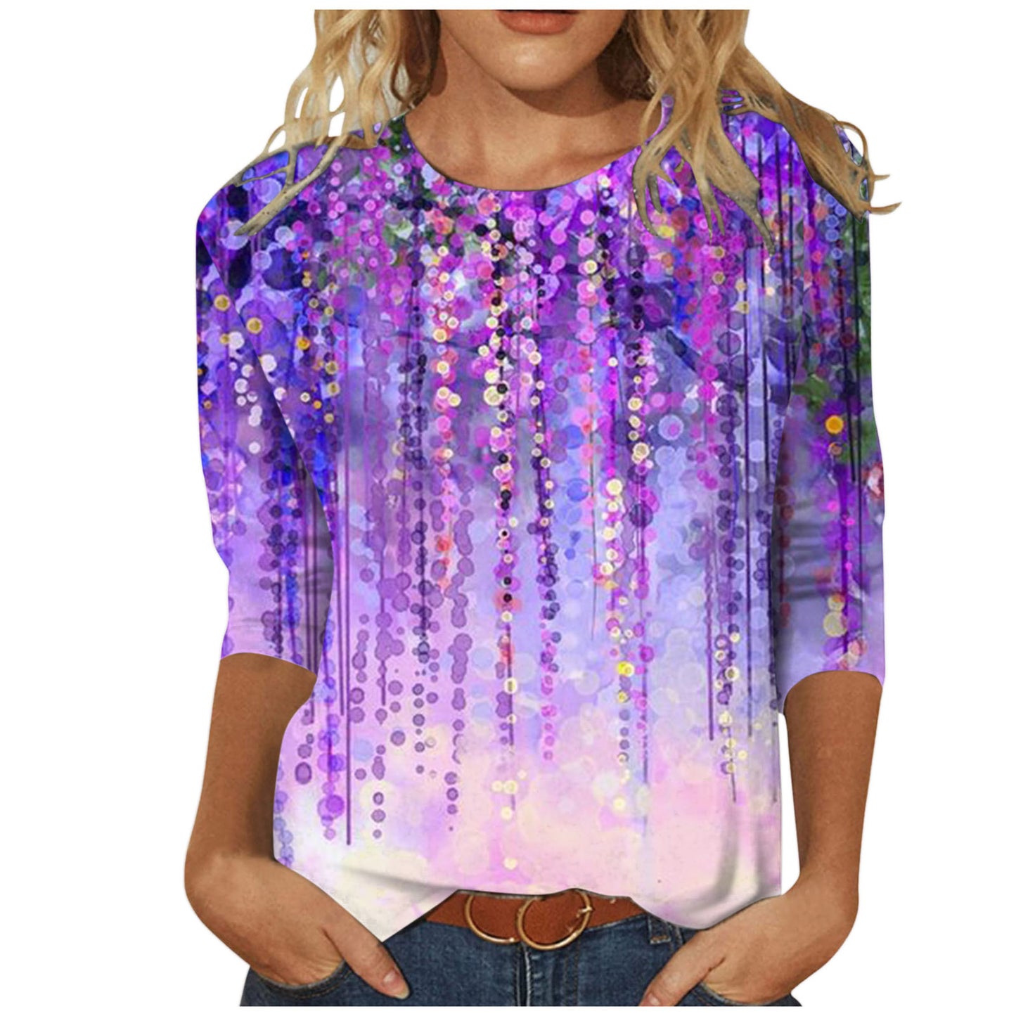 Women's Round Neck Long Sleeve Loose Print Blouses