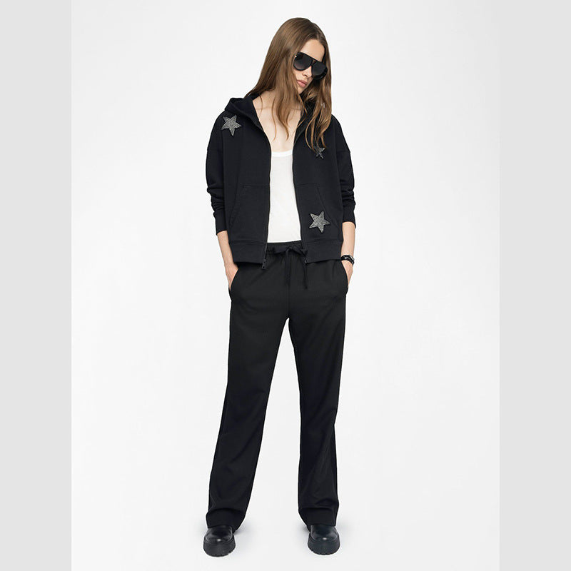 Women's Full Of Embroidered Patch Hot Drilling Fleece Zipper Hooded Sweaters