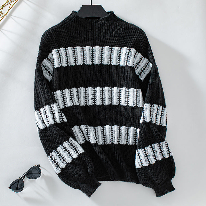 Women's Striped Pullover Fashionable Loose Mock Neck Sweater
