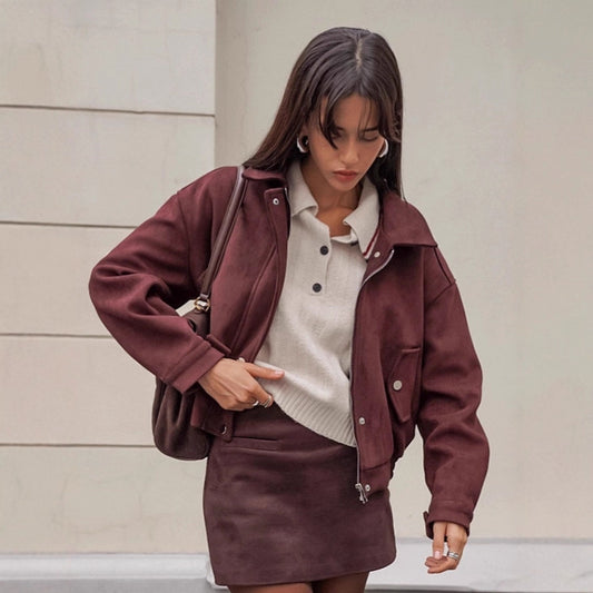 Women's Vintage Red Brown Suede Casual Loose Jackets