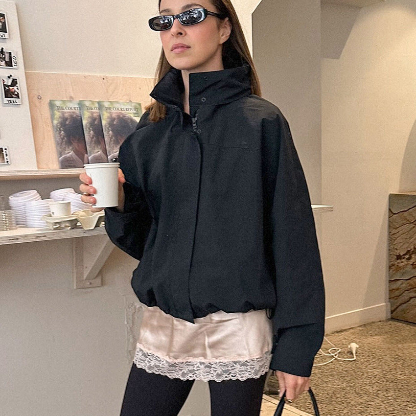 Drawstring Outdoor Design White Black Stand-up Coats