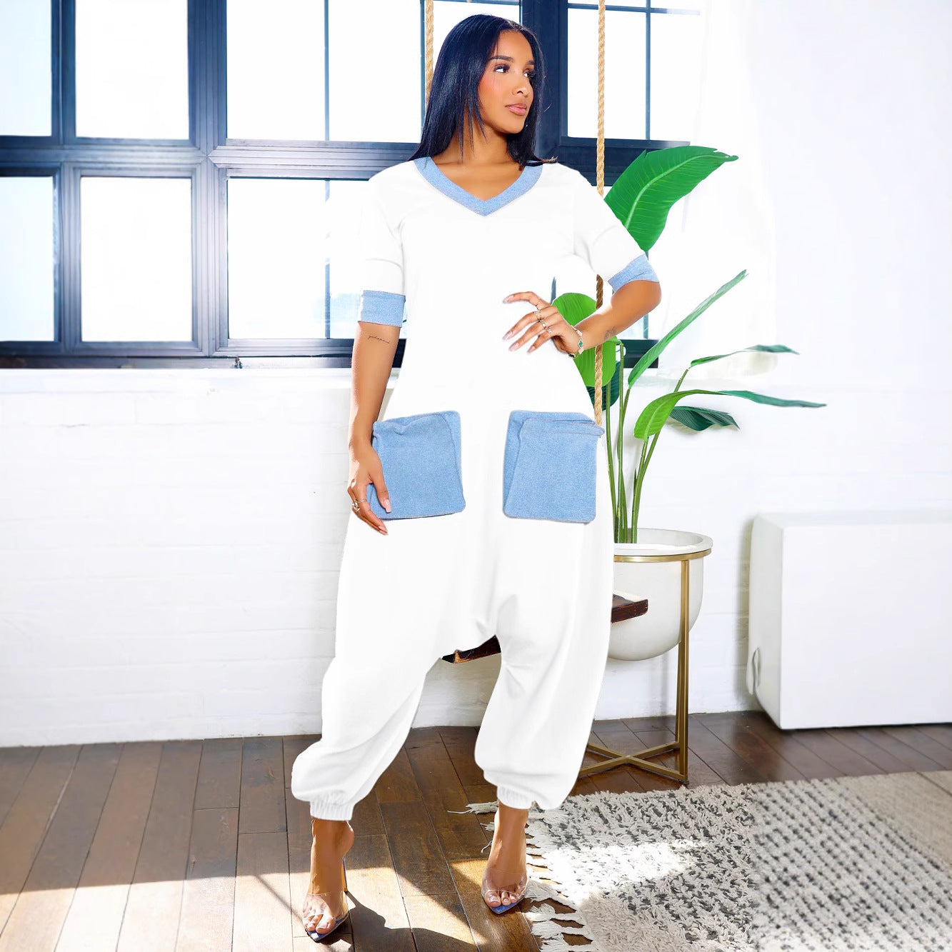 Commute Denim Stitching Contrast Color Loose Jumpsuits