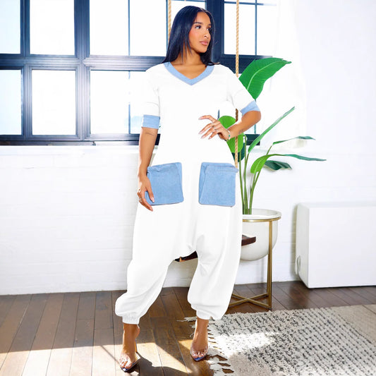 Commute Denim Stitching Contrast Color Loose Jumpsuits