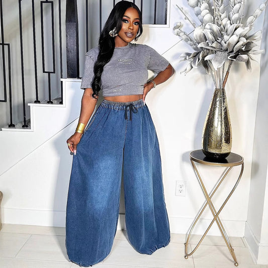 Women's Loose Street Casual Elastic Waistband Wide Jeans