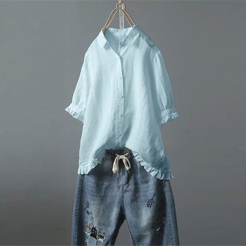 Women's Cotton Linen Casual Single-breasted Ruffled Sleeves Blouses