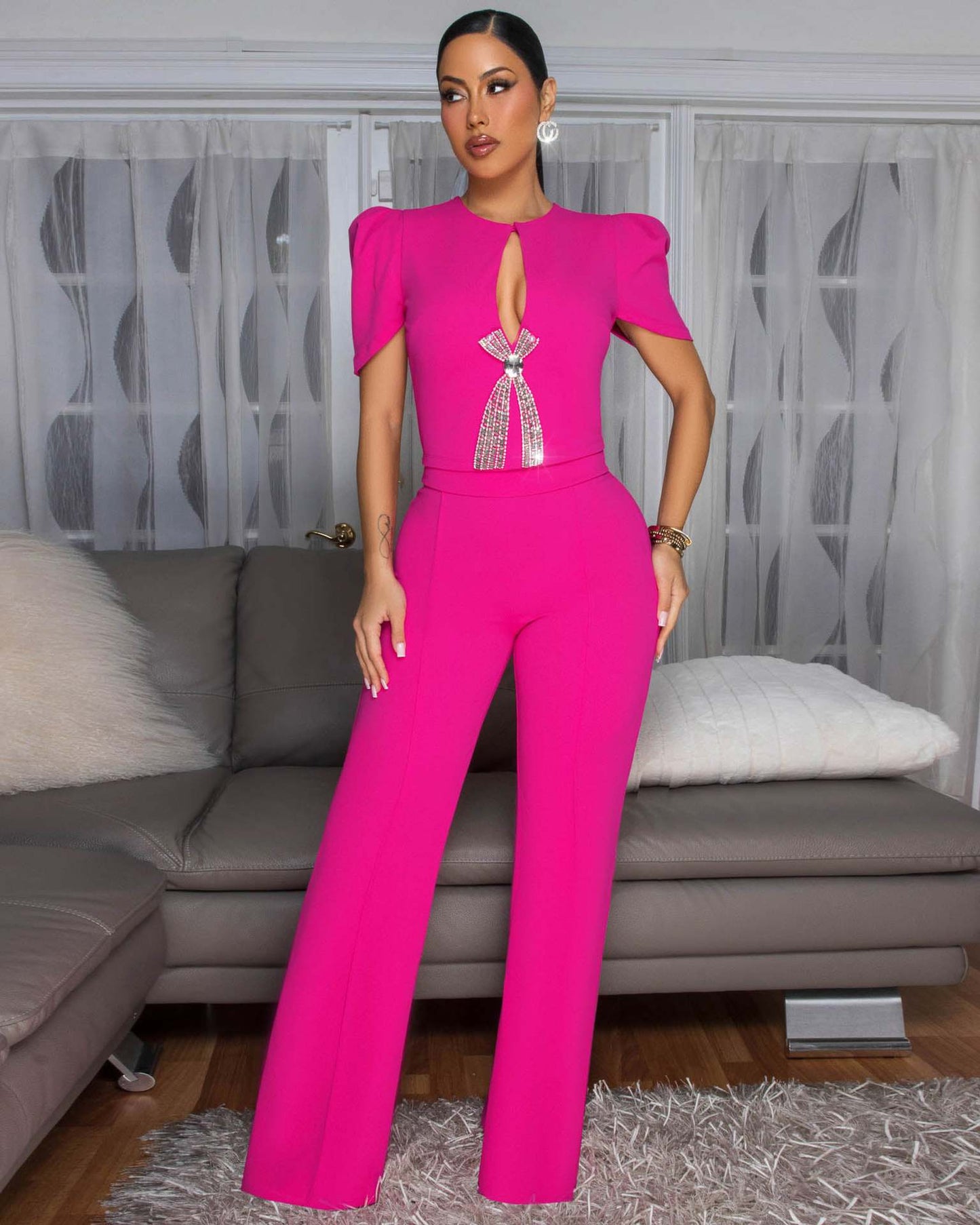 Women's Personalized Line Bow Decoration Short-sleeved Casual Jumpsuits