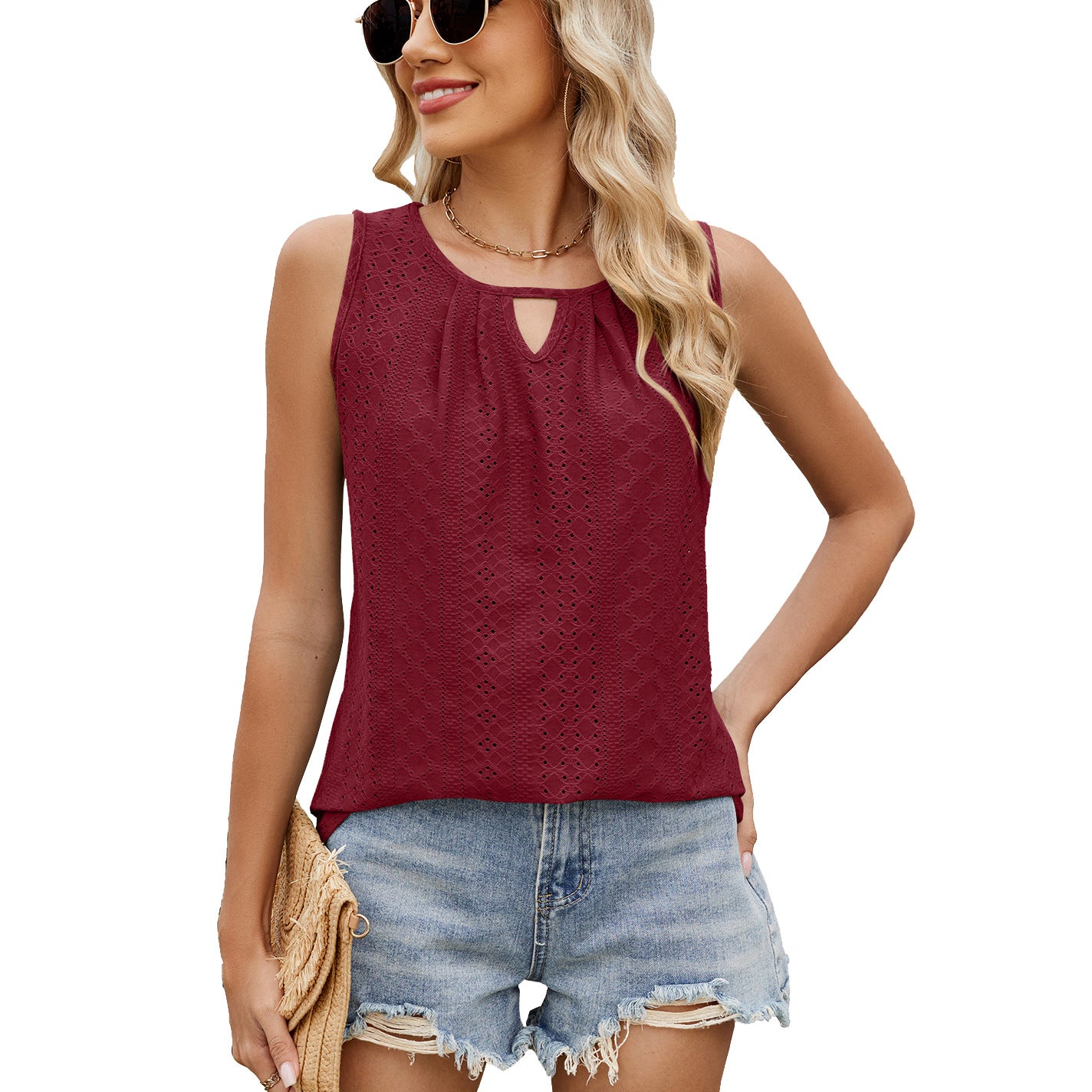 Women's Round Neck Pleated Tank Sleeveless T-shirt Blouses