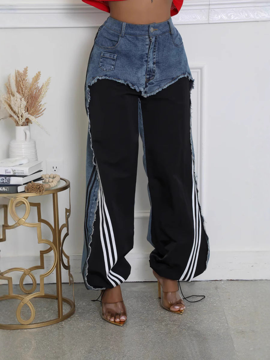 Women's Goods Fashion American Street Stitching Design Striped Jeans