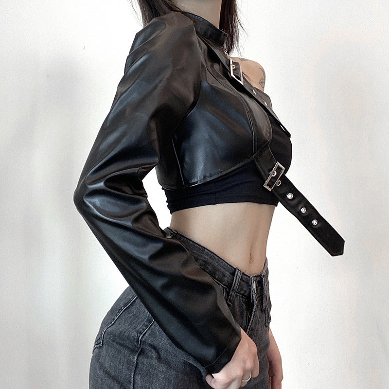 Women's Handsome Irregular Metal Buckle Halter Leather Clothing