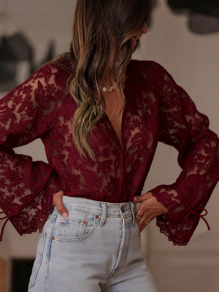 Women's Lace Advanced Stitching Elegant Fashion Translucent Blouses