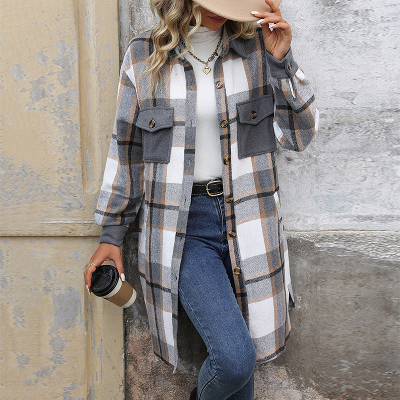 Women's Mid-length Plaid Vintage Brushed Square Splicing Coats