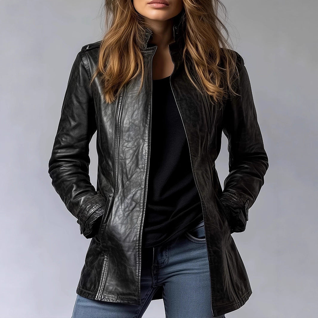 Women's Leather Stand Collar Long Sleeve Distressed Jackets