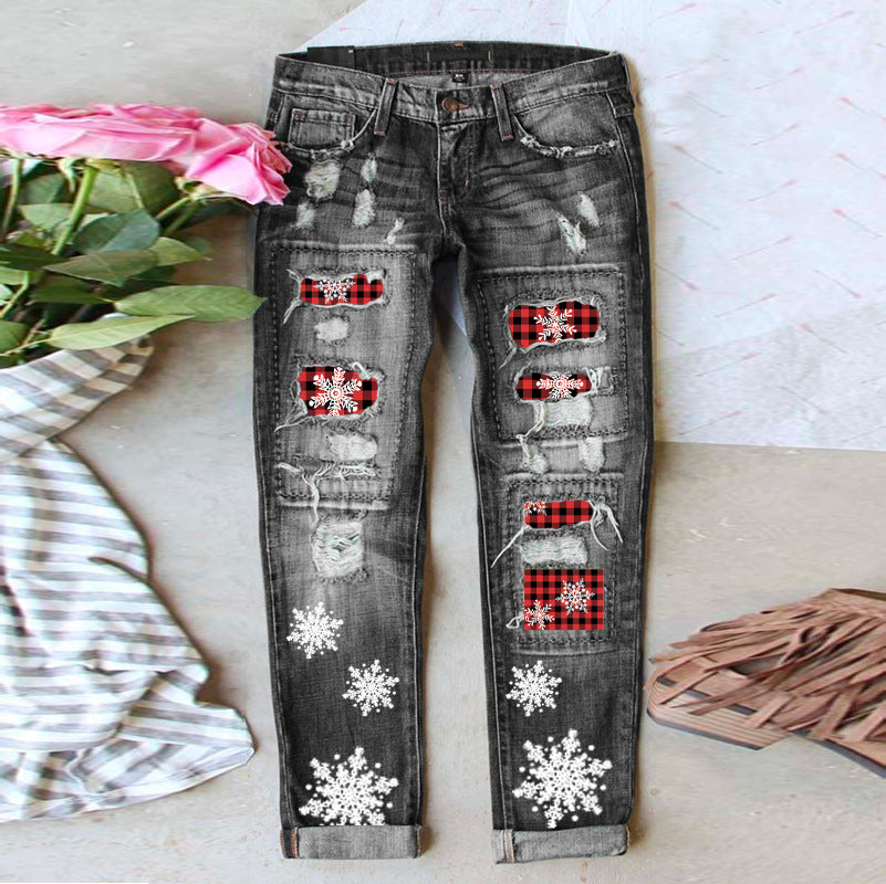 Leopard Ripped Printed Casual Loose Washed-out Jeans